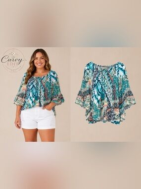 Ruby Rd. Woman 3X Boho Peasant Top Turquoise Patchwork Bell Sleeve Tassel Blouse